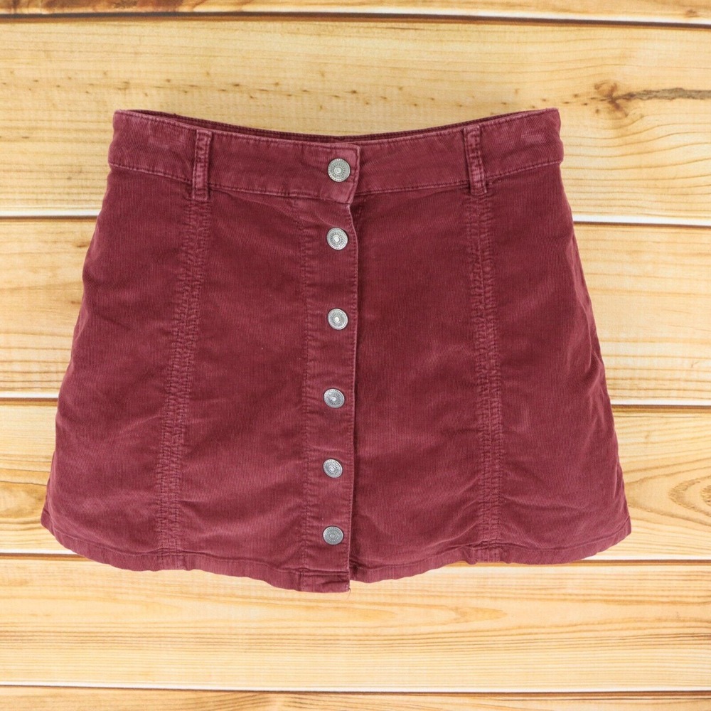 American Eagle Outfitters Short Corduroy Skirt Womens 8 Maroon Cotton Button Fly